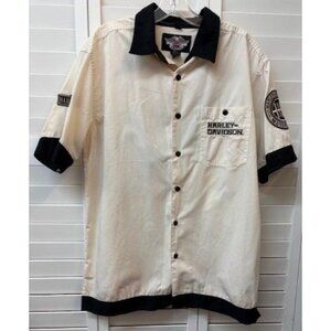 Harley-Davidson Mens Button-Up Shirt W/ Logos Beige & Black Short Sleeve